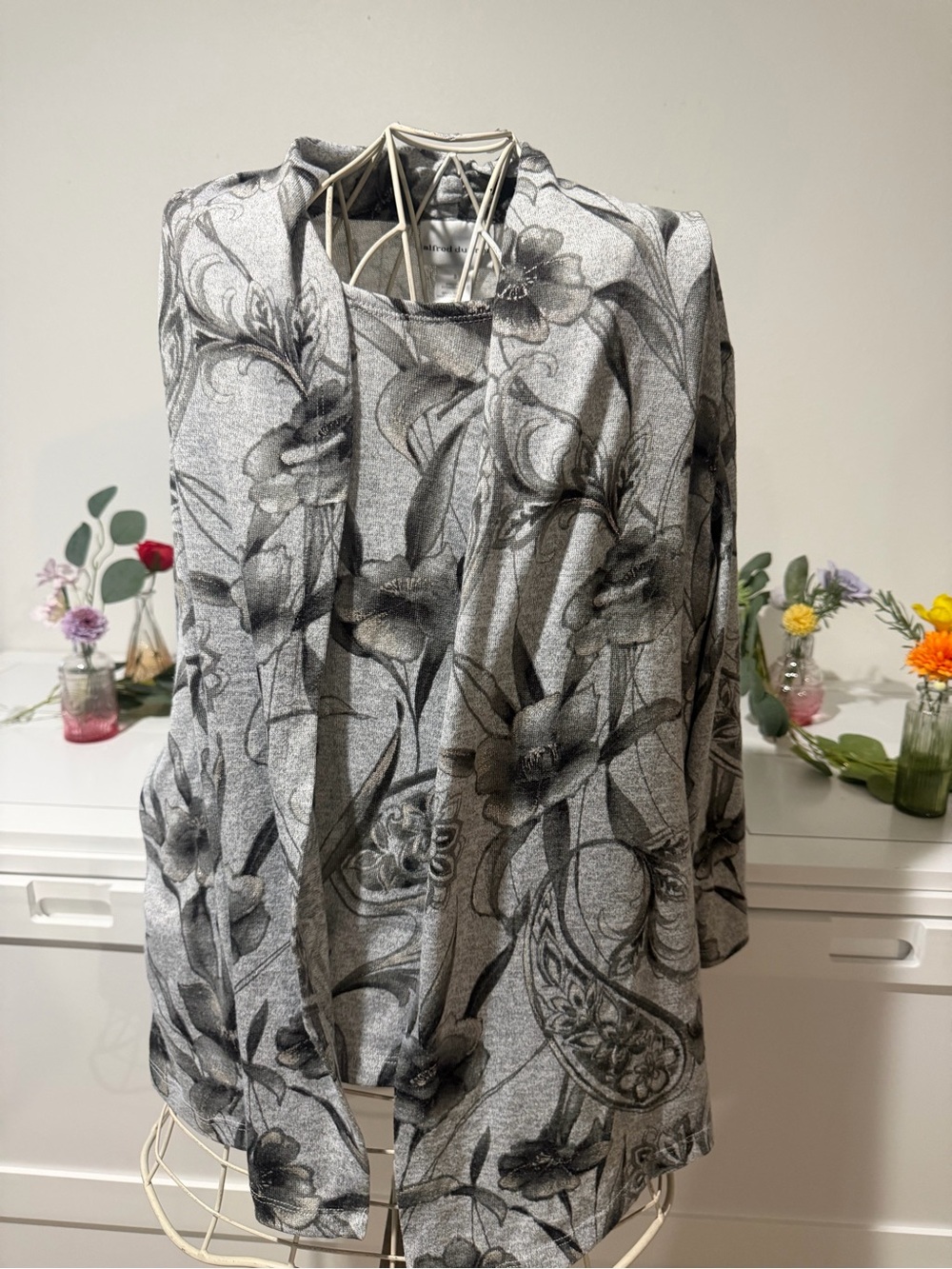 Alfred Dunner Gray Black Floral Draped Blouse